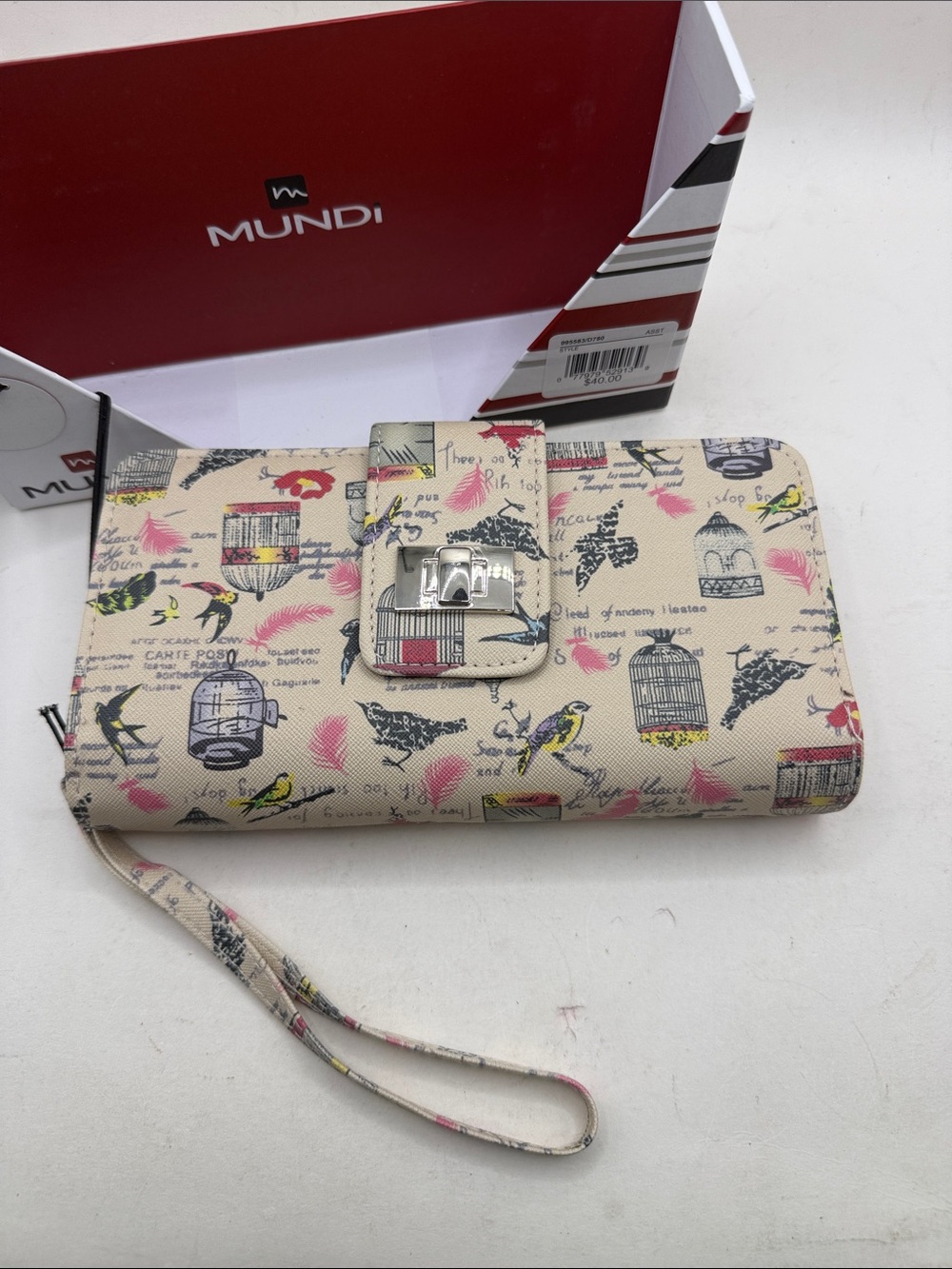 NWT Mundi Waller Zip Around PVC Clutch Tan Birds Cage ID Card Holder